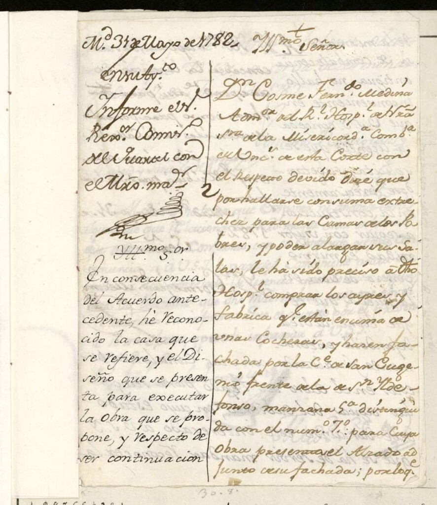 Miniatura de Licencia a Don Cosme Fernando Medina administrador del Hospital de la Misericordia para reedificar parte del mismo que hace fachada por la calle de San Eugenio frente a la de San Ildefonso nº 7 manzana 5