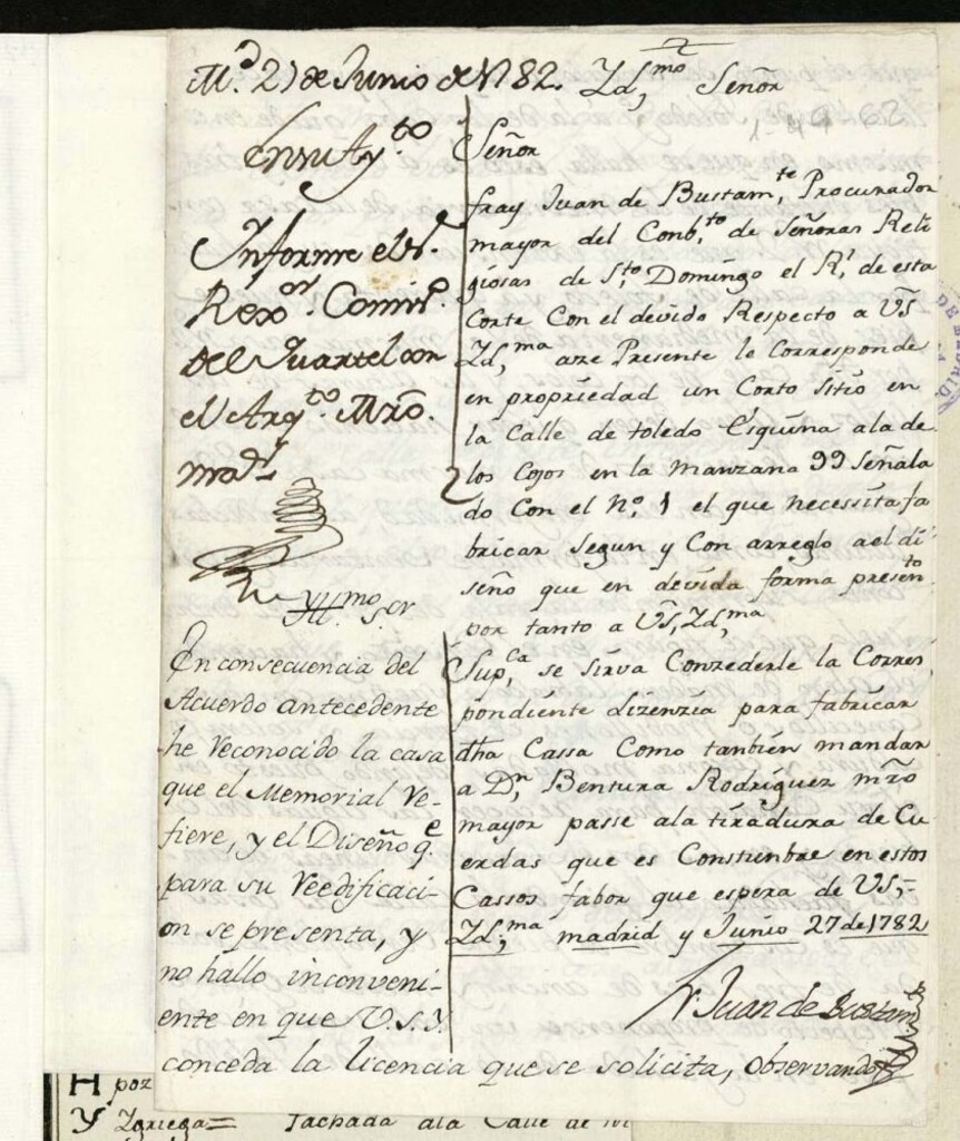 Miniatura de Licencia a Señor Juan de Bustamante Prior del Convento de Religiosas de Santo Domingo el Real para fabricar en la calle de Toledo esquina a la de los Cojos nº 1 manzana 99
