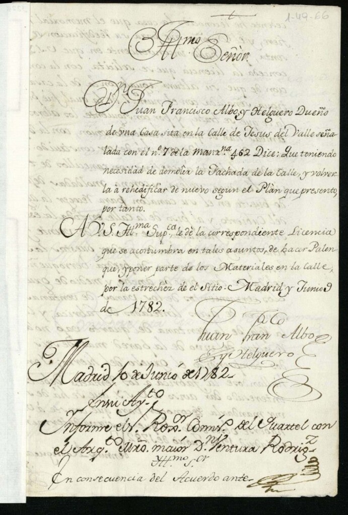 Miniatura de Licencia a Don Juan Francisco Albo y Helguero para demoler la fachada y reedificar de nuevo la casa calle de Jesús del Valle nº 7 manzana 462