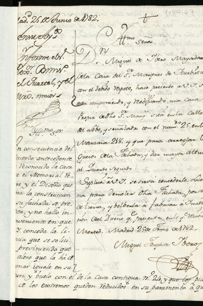 Miniatura de Licencia a Don Miguel de Ibero del marqués de Urbieta para demoler la fachada y volverla a reedificar de la casa nº 25 manzana 218 calle del Lobo