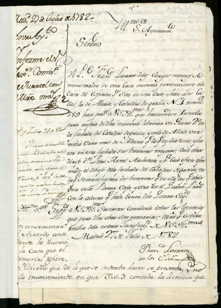 Miniatura de Licencia a Francisco Lasarte administrador del convento del Espíritu Santo para levantar cuarto segundo en la calle del Caballero de Gracia y en la de Alcalá