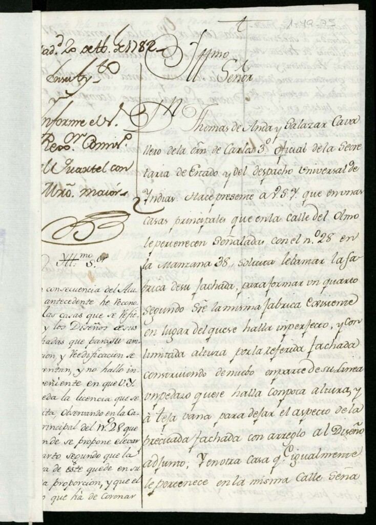 Miniatura de Liencia a Don Tomás de Anda y Salazar para levantar la fábrica de la fachada y formar un cuarto segundo en la misma calle del Olmo nº 28 manzana 38