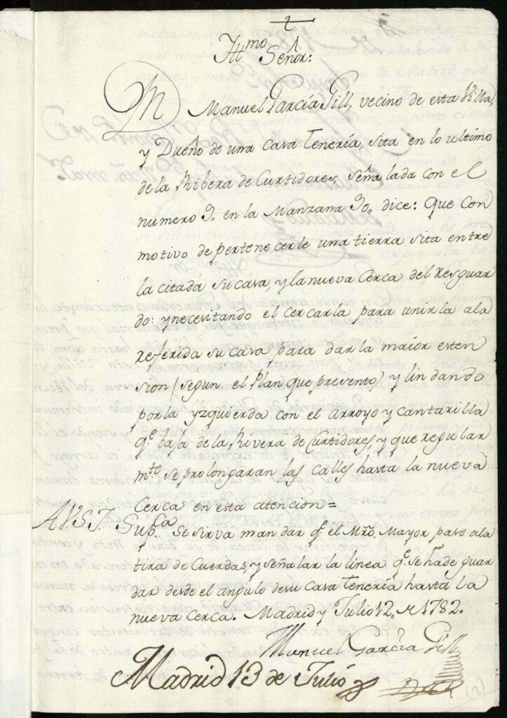 Miniatura de Licencia a Don Manuel García Gill para cercar una tierra en la Rivera de Curtidores lindante con la cerca del Resguardo