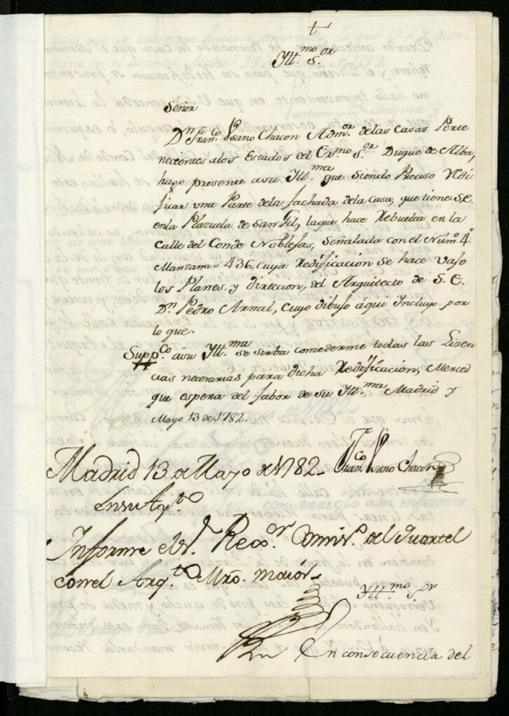 Miniatura de Licencia a Don Francisco Usano Chacón administrador del Duque de Alba para reedificar una parte de la fachada en la Plaza de San Gil con vuelta a la del Conde de Noblejas nº 4 manzana 436 (hoy plaza de Oriente)