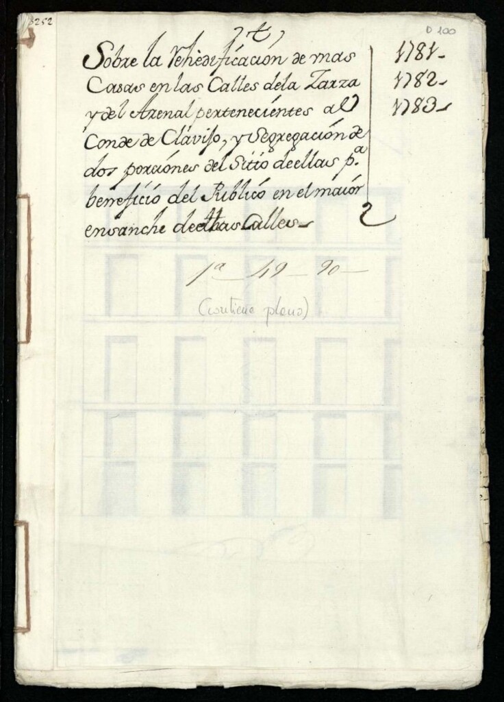 Miniatura de Licencia a Don Joaquín García Caltañazor para reedificar las casas calle de la Zarza esquina a la del Arenal nº 2 manzana 331, y abono de pies de sitio
