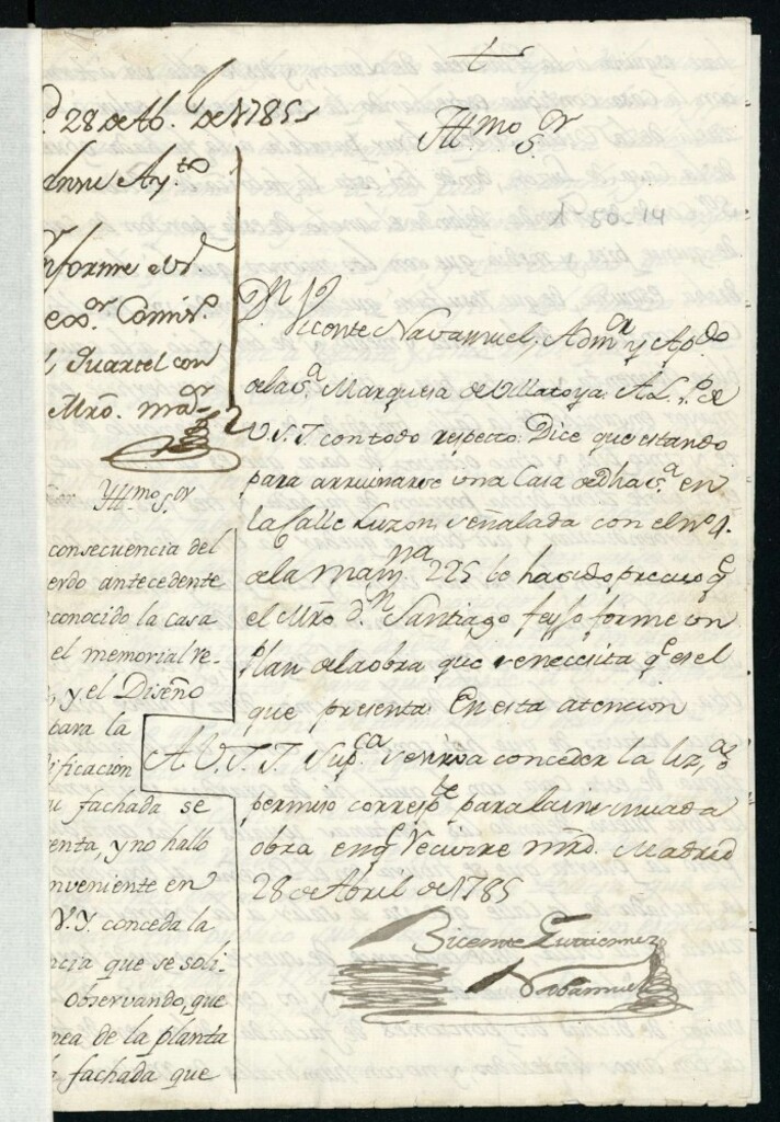 Miniatura de Licencia a Don Vicente Navamuel por la marquesa de Villatoya para reedificar en la calle del Luzón nº 4 manzana 225 [sic] y segregación de 44 7/8 pies de sitio