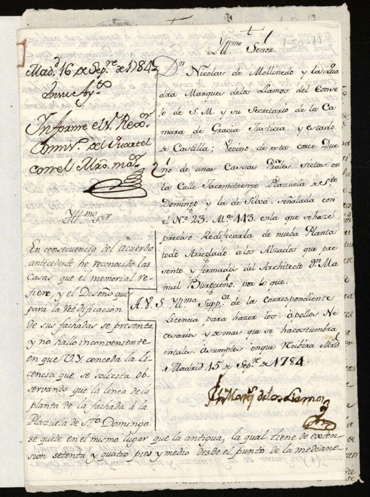 Miniatura de Licencia a Don Nicolás de Mollinedo para reedificar en la calle de Jacometrezo nº 23 manzana 443