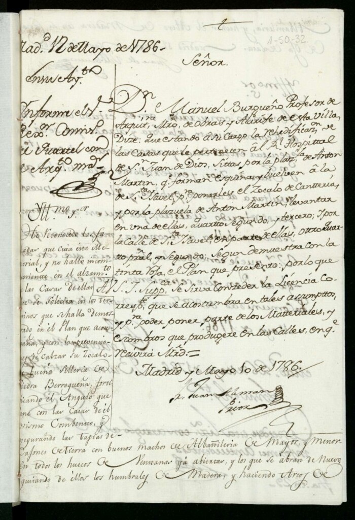 Miniatura de Licencia a Manuel Burgueño para reedificar las casas del Hospital de San Juan de Dios plazuela de Antón Martín con vuelta a la de Santa Isabel