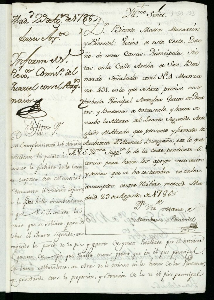 Miniatura de Licencia a Vicente María Munarriz y Pimentel para reedificar en la calle Ancha de San Bernardo nº 4 manzana 491