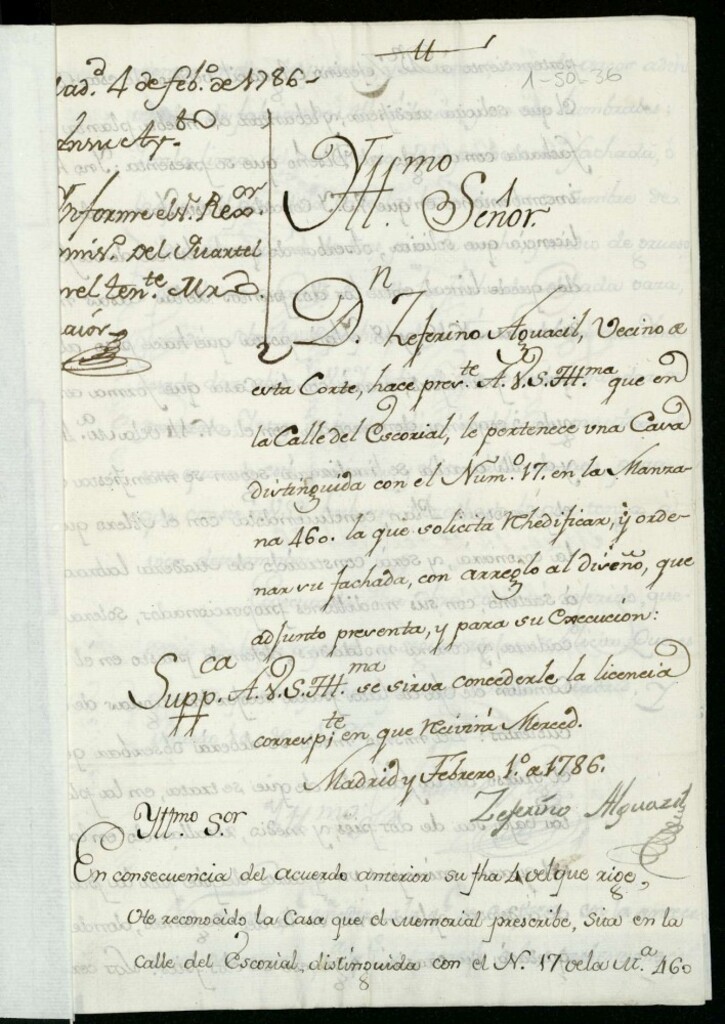 Miniatura de Licencia a Don Ceferino Alguacil para reedificar en la calle del Escorial nº 17 manzana 460