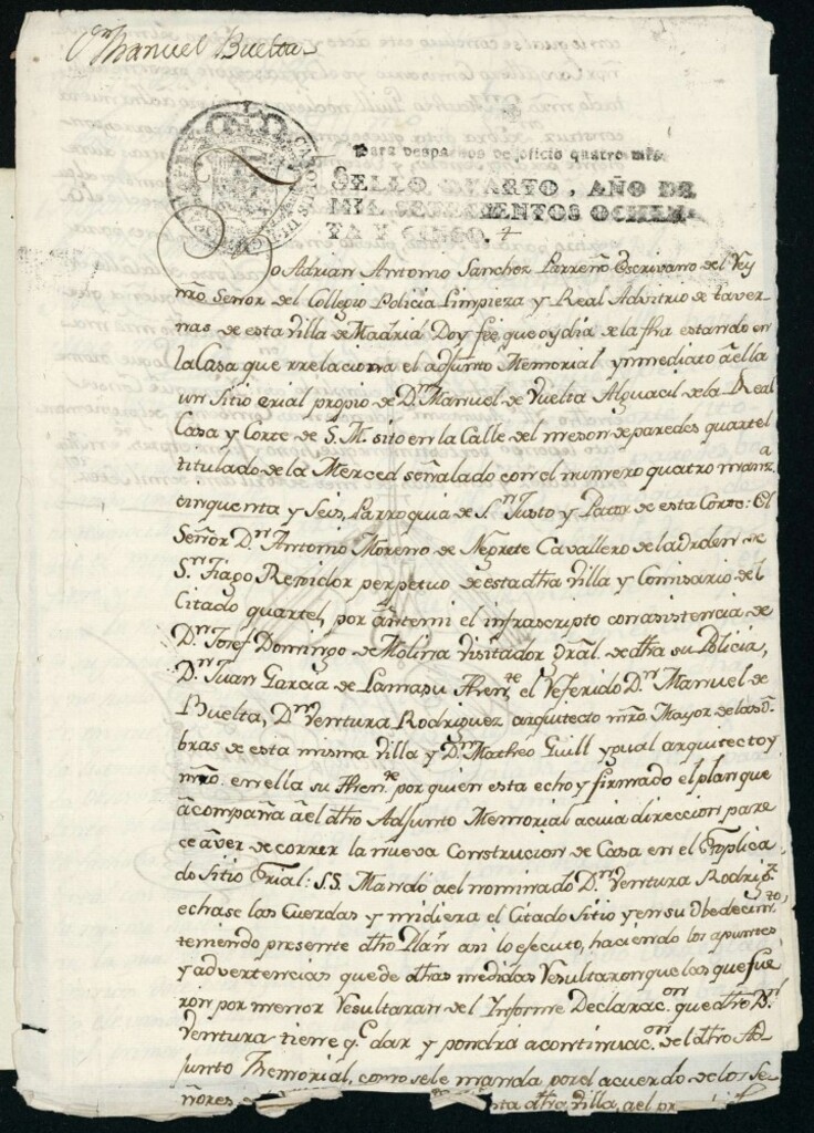 Miniatura de Licencia a Don Manuel Buelta para construir en un sitio erial calle de Mesón de Paredes nº 4 manzana 56 uniéndola a la antigua nº 5