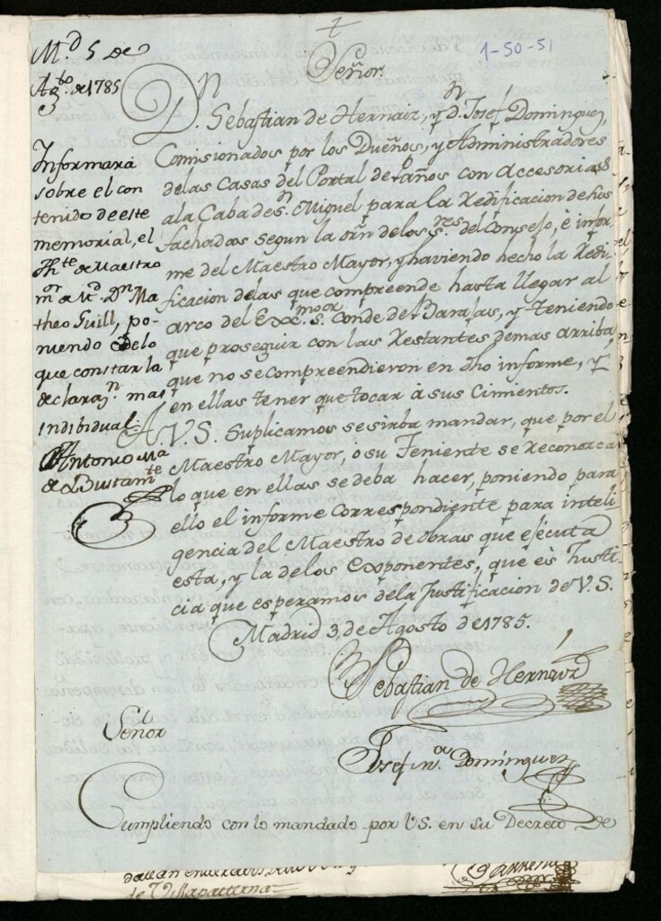 Miniatura de Licencia a Sebastián de Hernaiz para reedificar en el Portal de Paños con accesorias a la Cava de San Miguel y abono de pies de sitio