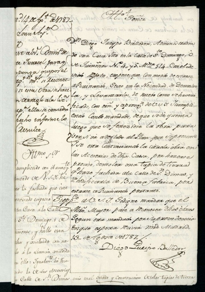 Miniatura de Licencia a Don Diego Queipo Balledor para demoler y construir en la calle de Santo Domingo (ó de Quiñones) nº 4 y 5 manzana 514