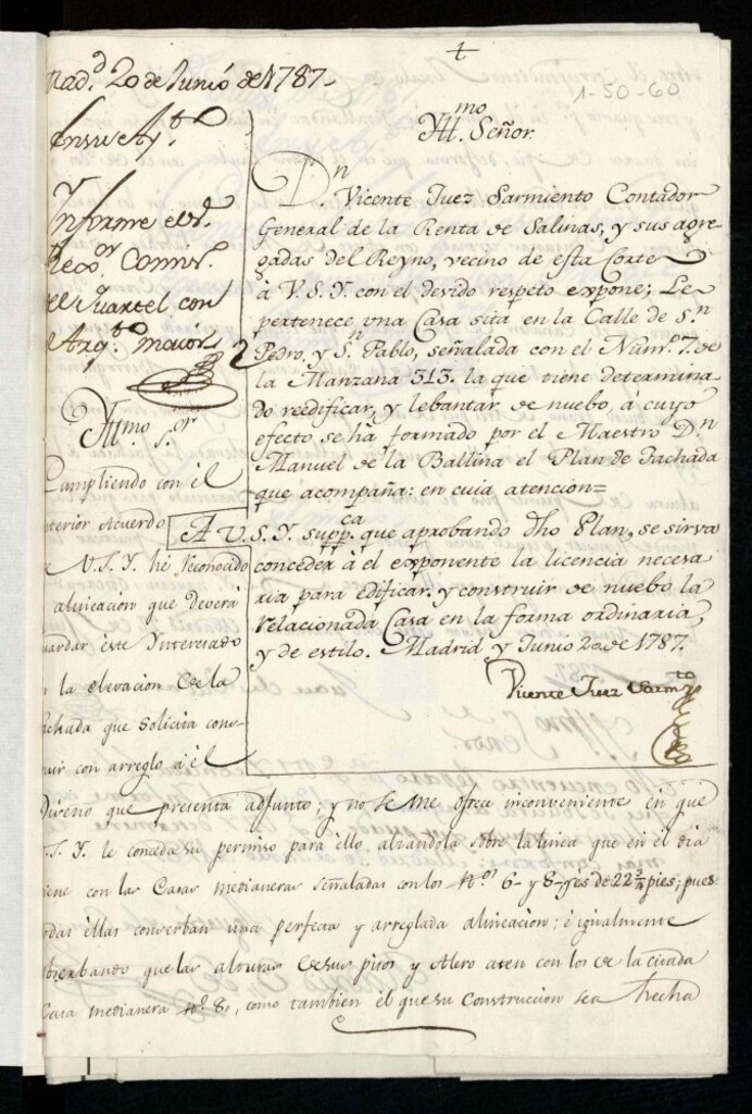 Miniatura de Licencia a Don Vicente Juez Sarmiento para levantar la casa calle de San Pedro y San Pablo nº 7 manzana 313 (hoy Hernán Cortés)