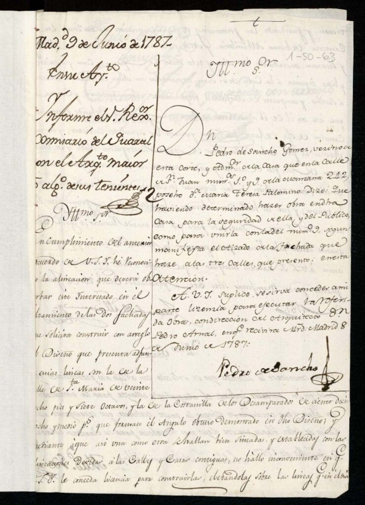Miniatura de Licencia a Don Pedro de Sancho Gómez para reedificar en la calle de San Juan nº 1 y 9 manzana 242