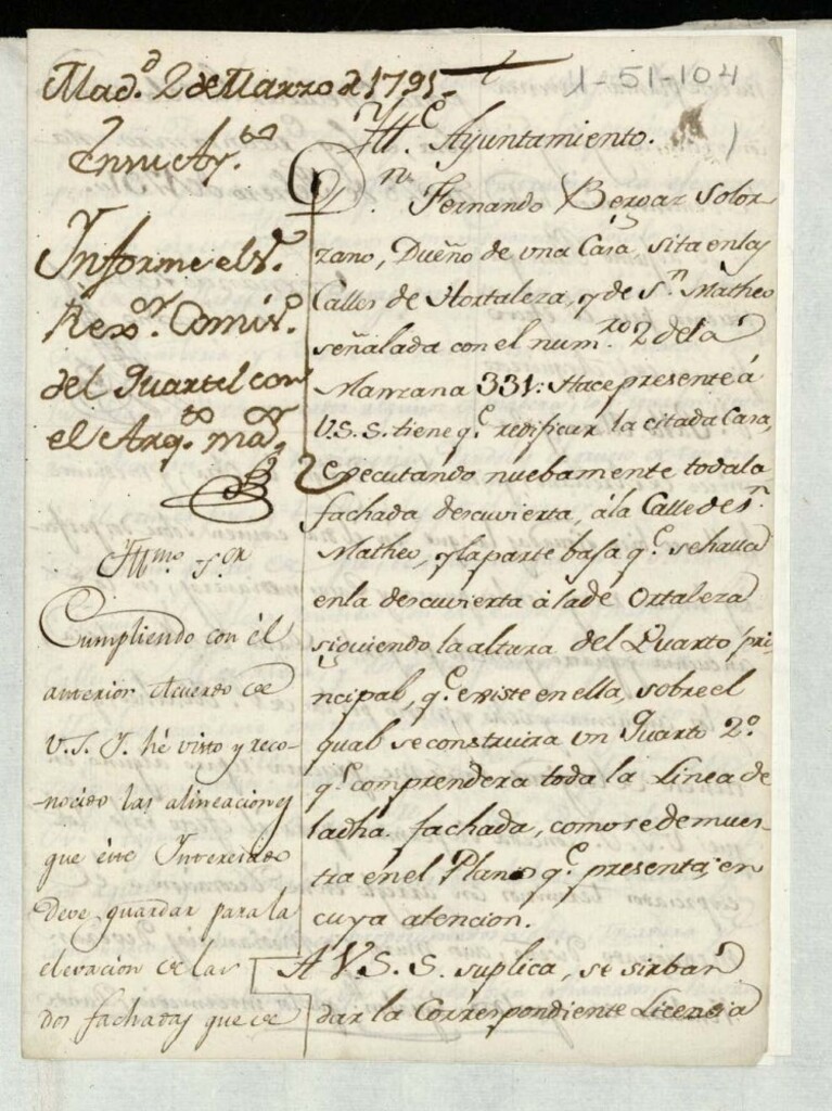 Miniatura de Licencia a Don Fernando Bergaz Solorzano para construir en la calle de Hortaleza y de San Mateo nº 2 manzana 331