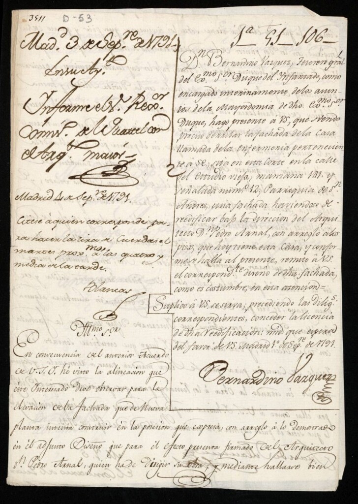 Miniatura de Licencia a Don Bernardino Vázquez por el Duque del Infantado para construir en la calle del Estudio Vieja nº 12 manzana 141