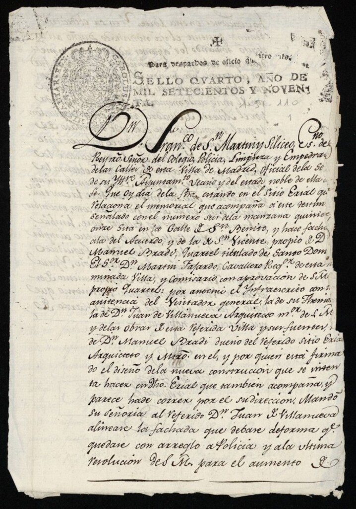 Miniatura de Licencia a Don Manuel Bradi para construir en un sitio erial en la calle de San Benito, del Acuerdo y de San Vicente nº 6 manzana 511 ( hoy Noviciado)
