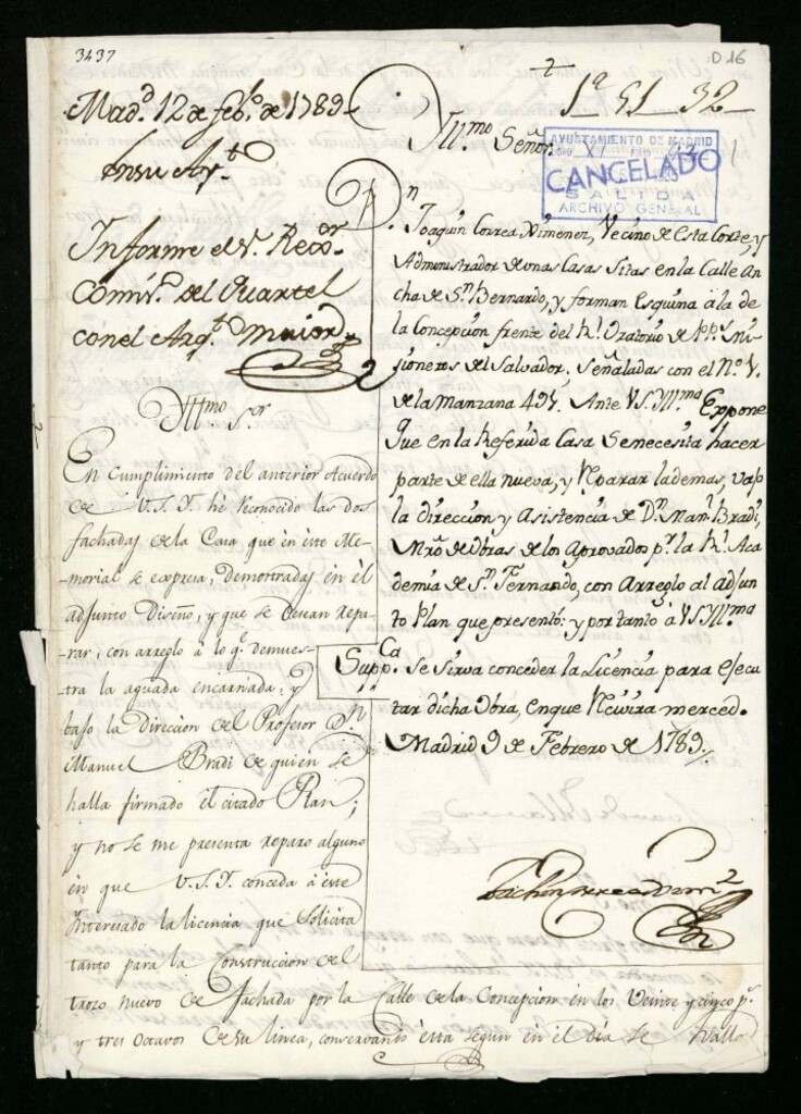 Miniatura de Licencia a Don Joaquín Correa Jiménez para reedificar en la calle Ancha de San Bernardo esquina a la de la Concepción nº 1 manzana 491