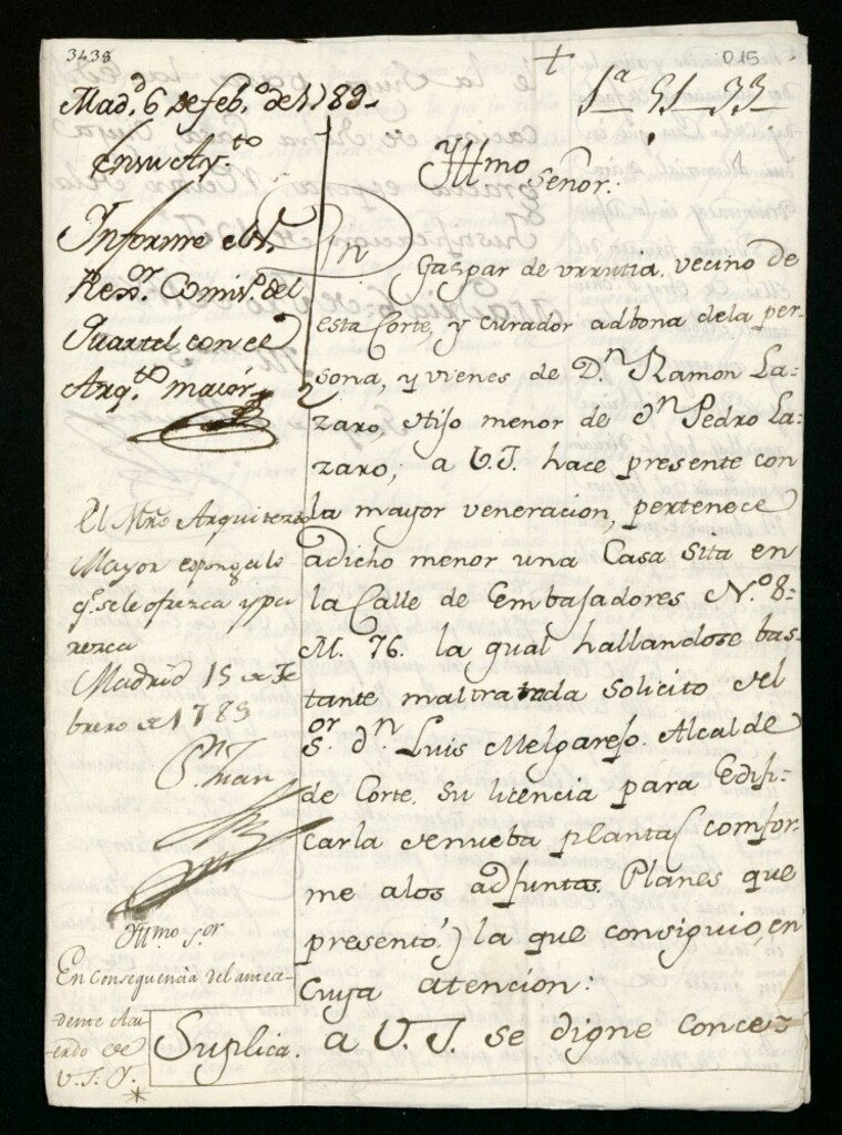 Miniatura de Licencia a Don Gaspar Urrutia para Don Ramón Lázaro para reedificar en la calle de Embajadores nº 8 manzana 76