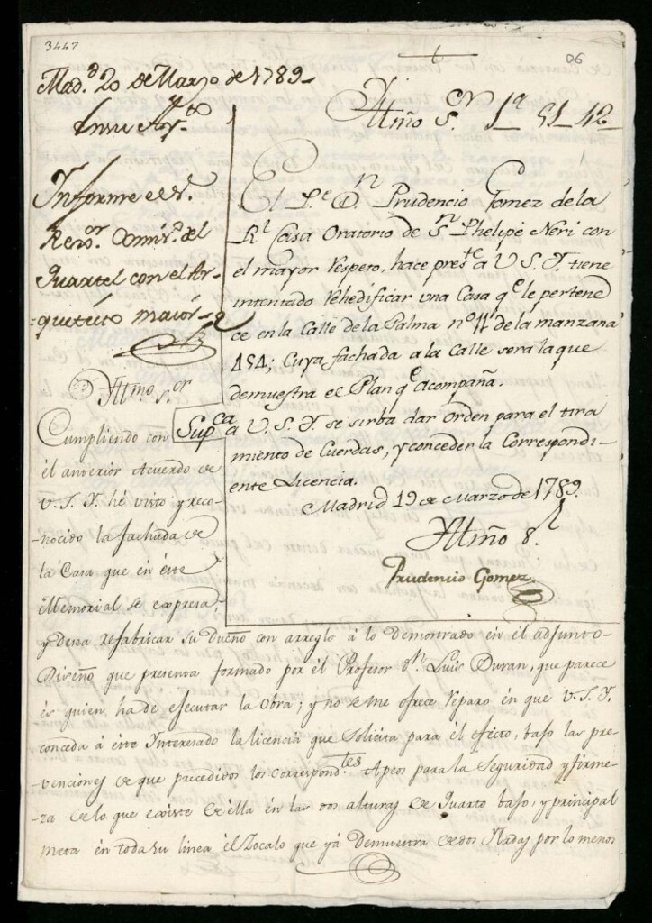 Miniatura de Licencia al Oratorio de San Felipe Neri para reedificar en la calle de la Palma nº 11 manzana 454