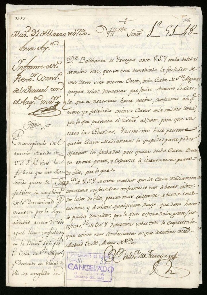 Miniatura de Licencia a Don Baltasar de Yruegas para reedificar en la cava de San Miguel nº 168 y abono de pies de sitio