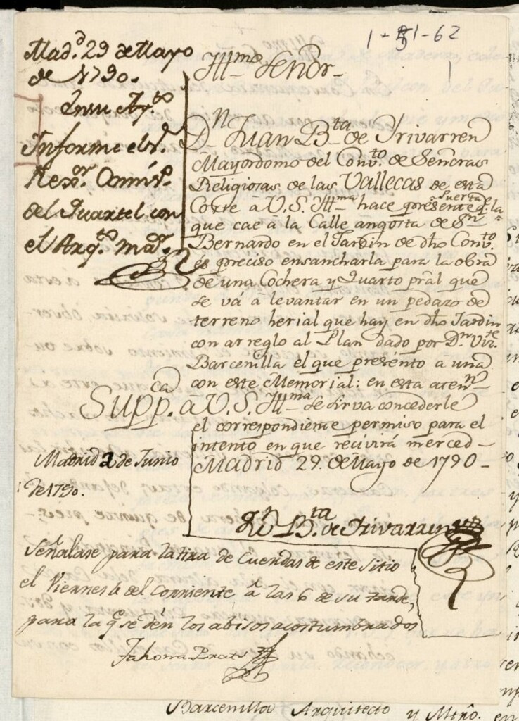 Miniatura de Licencia a Don Juan Bautista Yribarren por el convento de las Ballecas para construir en la calle Angosta de San Bernardo (hoy Aduana)