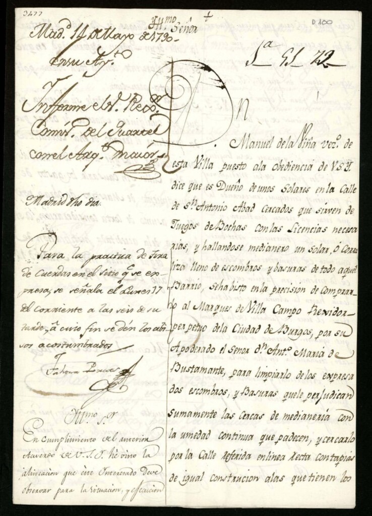 Miniatura de Licencia a Don Manuel de la Viña para construir unas cercas en los solares de la calle de San Antonio Adad ( hoy Pelayo)
