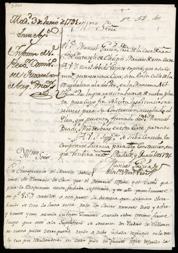 Miniatura de Licencia a Don Manuel García por el convento de Portaceli para construir en la calle de la Magdalena nº 20 manzana 461 (Hoy Pizarro)