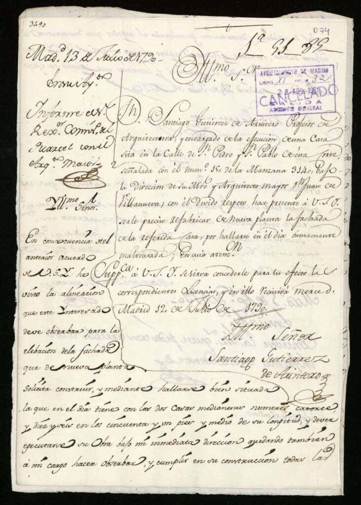Miniatura de Licencia a Don Santiago Gutiérrez de Arintero para reedificar fachada en la calle de San Pedro y San Plablo nº 15 manzana 314 (hoy Hernan Cortés)
