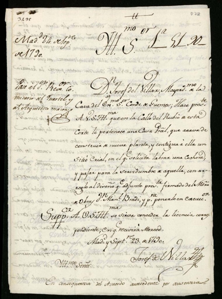 Miniatura de Licencia a don José de Villar por el Conde de Güemes para construir en la calle del Rubio nº 54