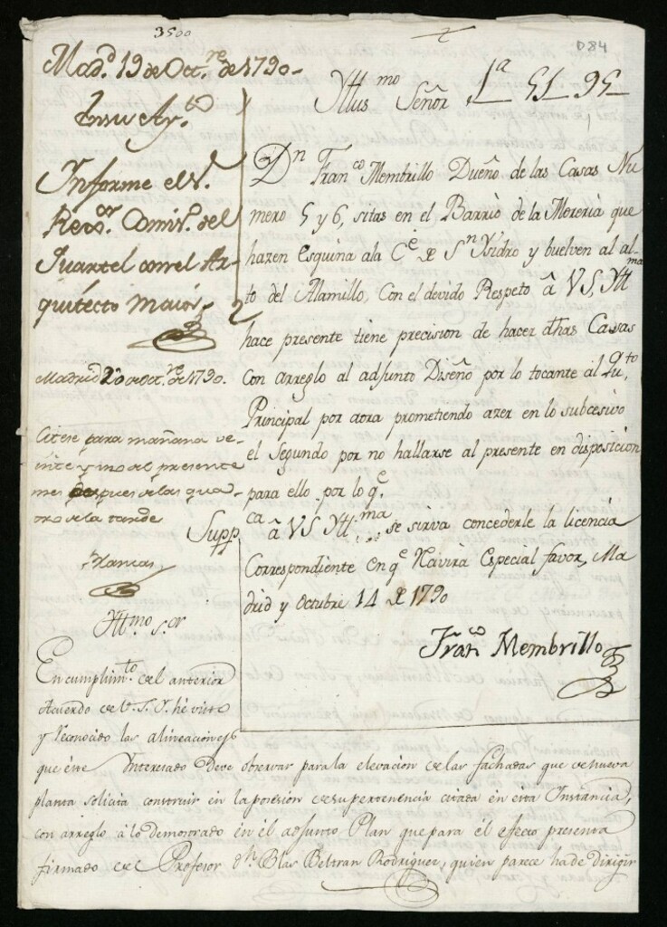 Miniatura de Licencia a Don Francisco Menbrillo para reedificar en la calle de San Isidro a la del Alamillo nº 5 y 6 (hoy Aguardiente)