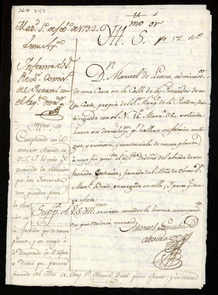 Miniatura de Licencia a Don Manuel de Lovera por el marqués de la Cuadra para construir en la calle de Preciados nº 16 manzana 380