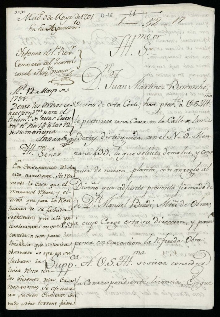 Miniatura de Licencia a Don Juan Martínez Barreneche para construir en la calle de las Beatas nº 9 manzana 499