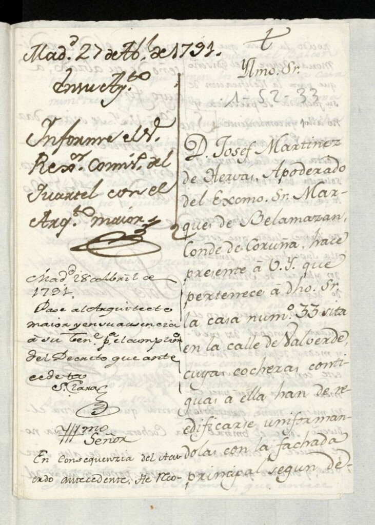 Miniatura de Licecnia a Don José Martínez de Hervás por el marqués de Belamazán para construir en la calle de Valverde, nº 33, Manzana 346