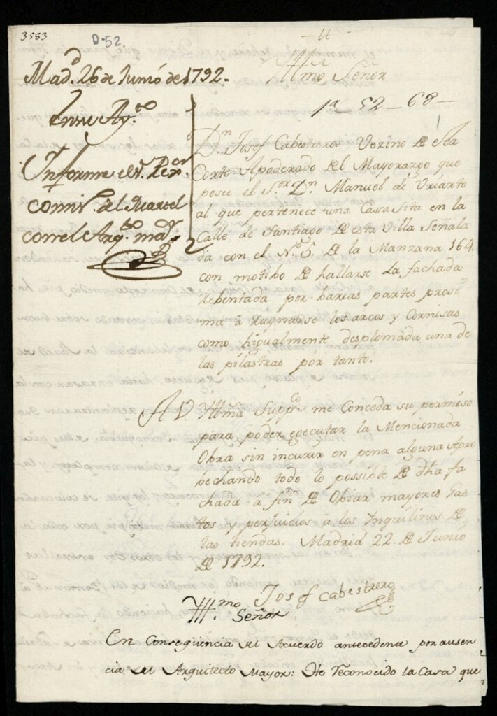 Miniatura de Licencia a Don José Cabestrero por Don Manuel de Uriarte para construir en la calle de Santiago nº 5 manzana 164
