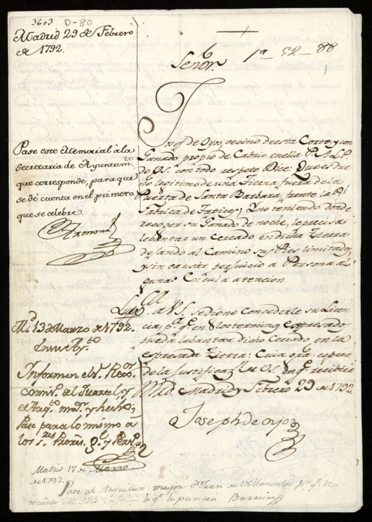 Miniatura de Licencia a Don José de Hoyos para construir una cerca fuera de la Puerta de Santa Bárbara frente a la Real Fábrica de Tapices