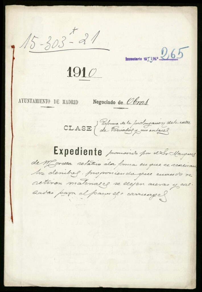 Miniatura de Clase: reforma de la prolongación de la Calle de Preciados y sus enlaces. Expediente promovido por el Señor Marqués de Morella, relativo a la forma en que se realizan los derribos proponiendo que cuando se retiren materiales se dejen aceras y calzadas para el paso de carruajes.