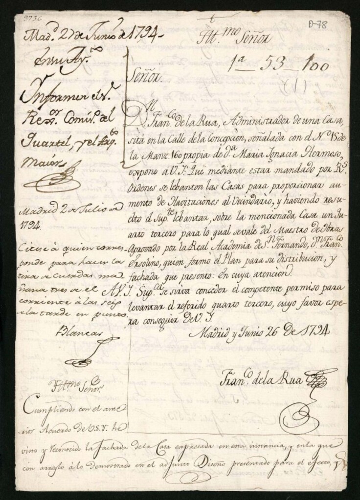 Miniatura de Licencia a Don Francisco de la Rua para levantar piso 3º en la calle de la Concepción nº 15 manzana 160