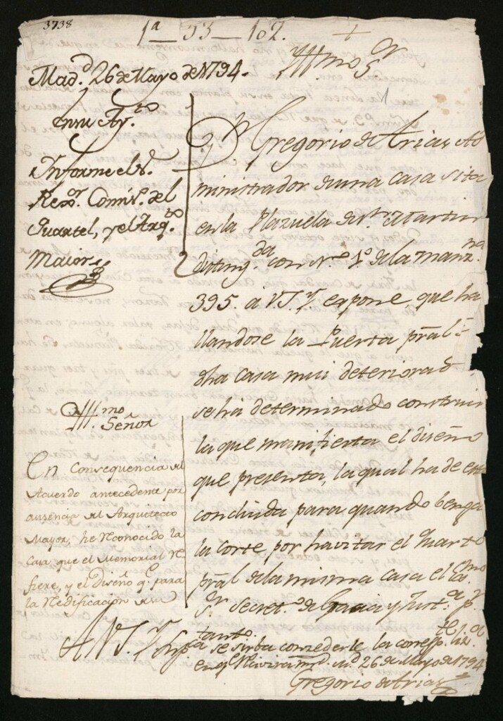 Miniatura de Licencia a Don Gregorio Arias para construir la puerta principal de la casa en la plazuela de San Martín nº 1 manzana 395