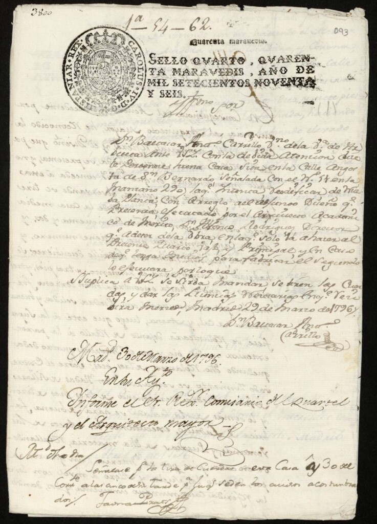 Miniatura de Licencia a don Baltasar Antonio Carrillo para reedificar su casa en la calle Angosta de San Bernardo, hoy Aduana nº 51 manzana 290