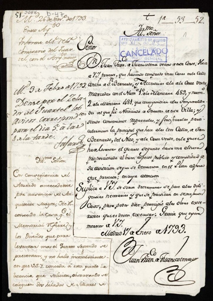 Miniatura de Licencia a Don Juan de Juanicotena para construir en la calle Ancha de San Bernardo nº 1 y 2 manzana 489 y 481
