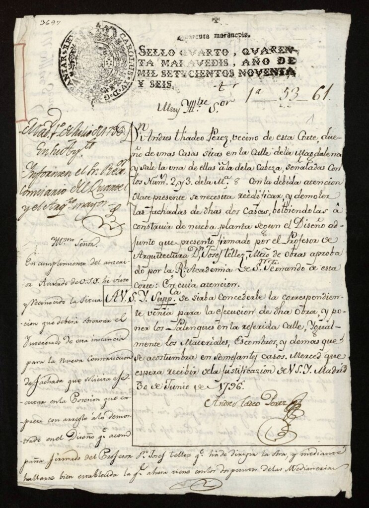 Miniatura de Licencia a Don Andrés Tadeo Pérez para reedificar sus casas en la calle de la Magdalena nº 2 y 3 antiguo manzana 8