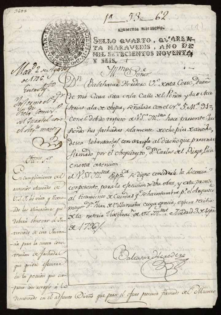 Miniatura de Licencia a Don Baltasar Heredero para reedificar su casa en la calle del Peñón nº 9 antiguo, manzana 91