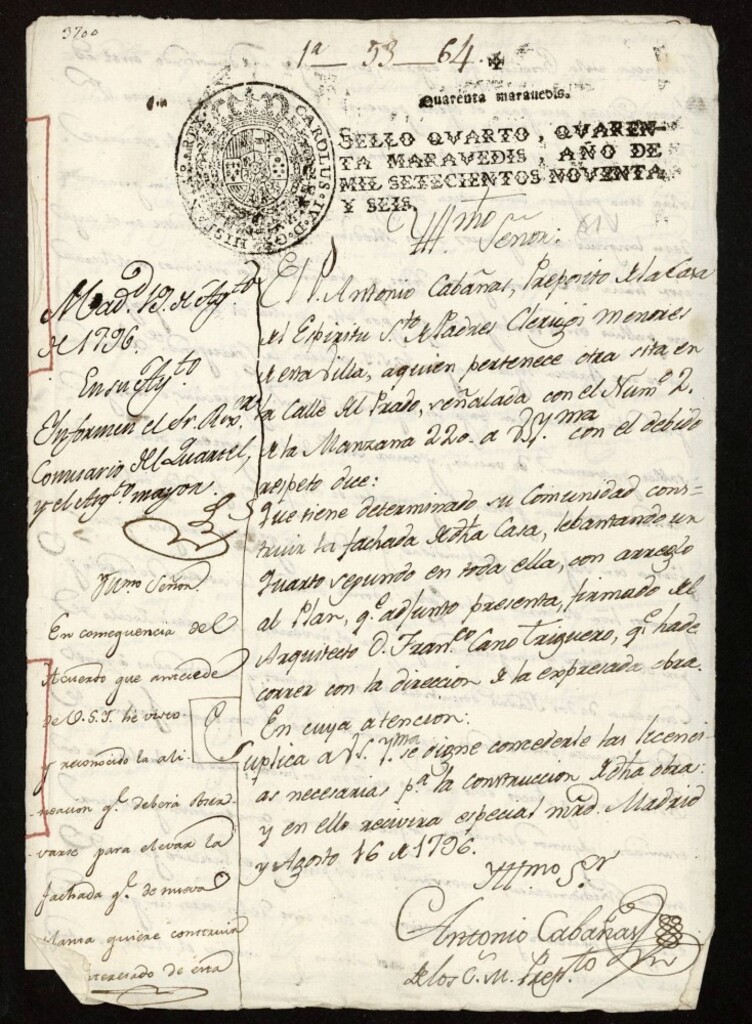 Miniatura de Licencia al Padre Don Antonio Cabañas, prepósito de la casa del Espíritu Santo (Clérigos menores) para construir la fachada y levantar un cuarto 2º en la casa en la calle del Prado nº 2 manzana 220