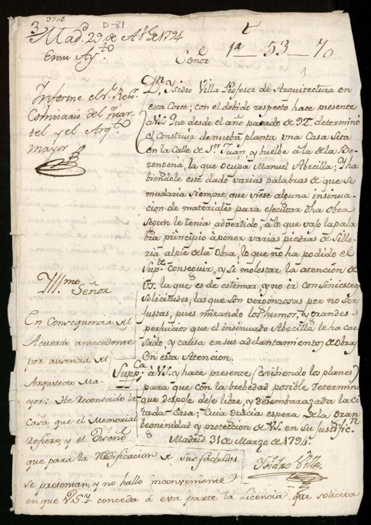 Miniatura de Licencia a Don Isidro Villa para construir en la calle de San Juan a la de la Berengena manzana 619