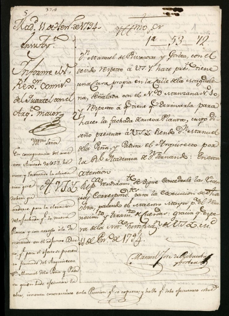 Miniatura de Licencia a Don Manuel de Rivacova y Gorbea para hacer la fachada de la calle de la Magdalena nº 3 manzana 10