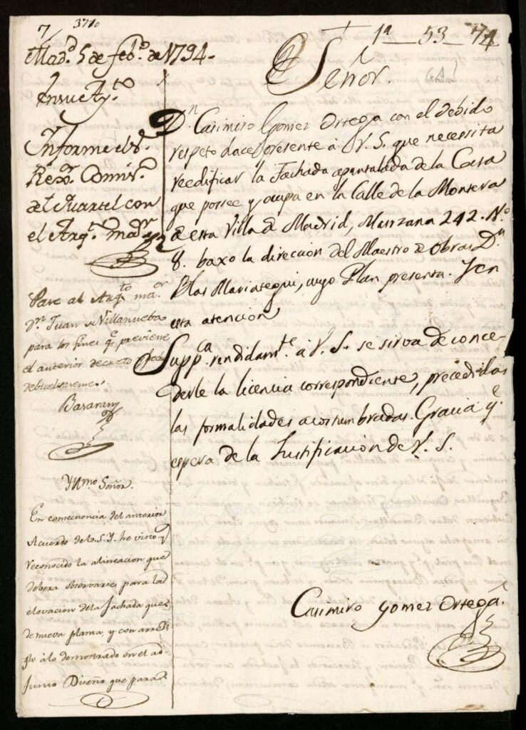 Miniatura de Licencia a Don Casimiro Gómez Ortega para reedificar la fachada de la calle de la Montera nº 8 manzana [sic 242]