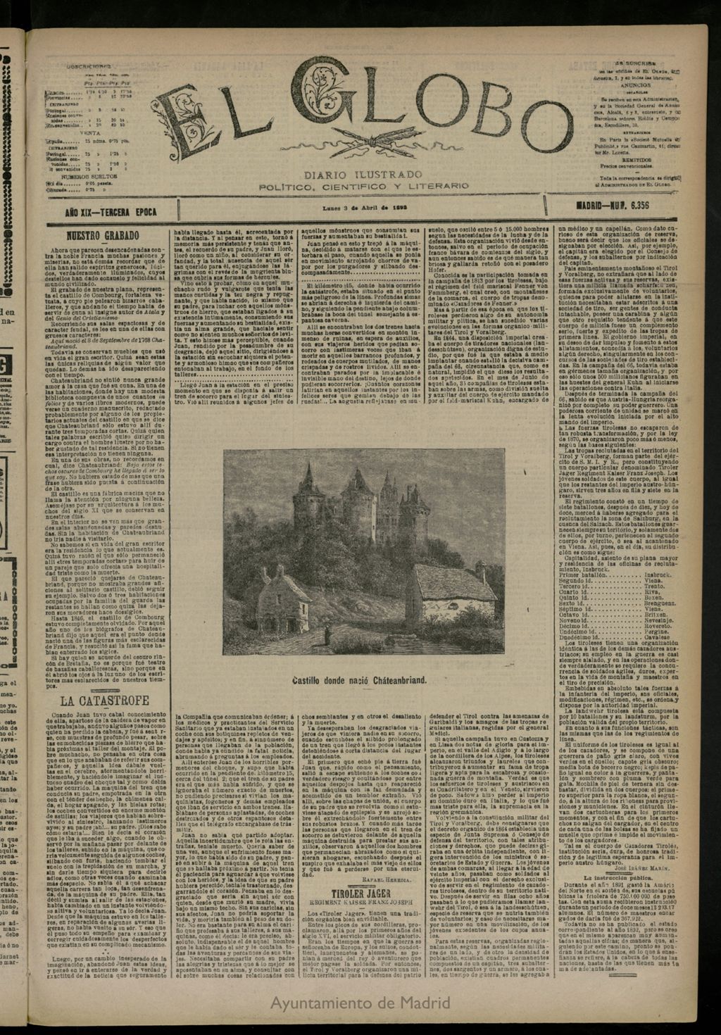 Miniatura de El Globo : diario ilustrado del 3 de abril de 1893, nº 6356