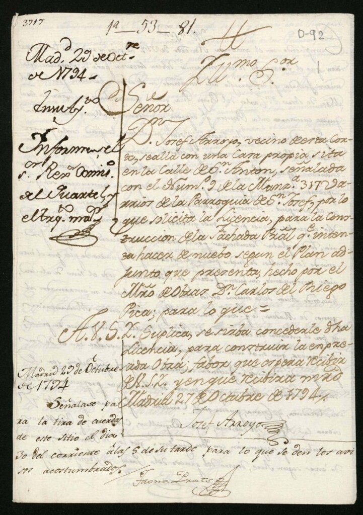 Miniatura de Licencia a don José Arroyo para reedificar la fachada en la calle de San Antón nº 9 manzana 317 ( Hoy Pelayo)